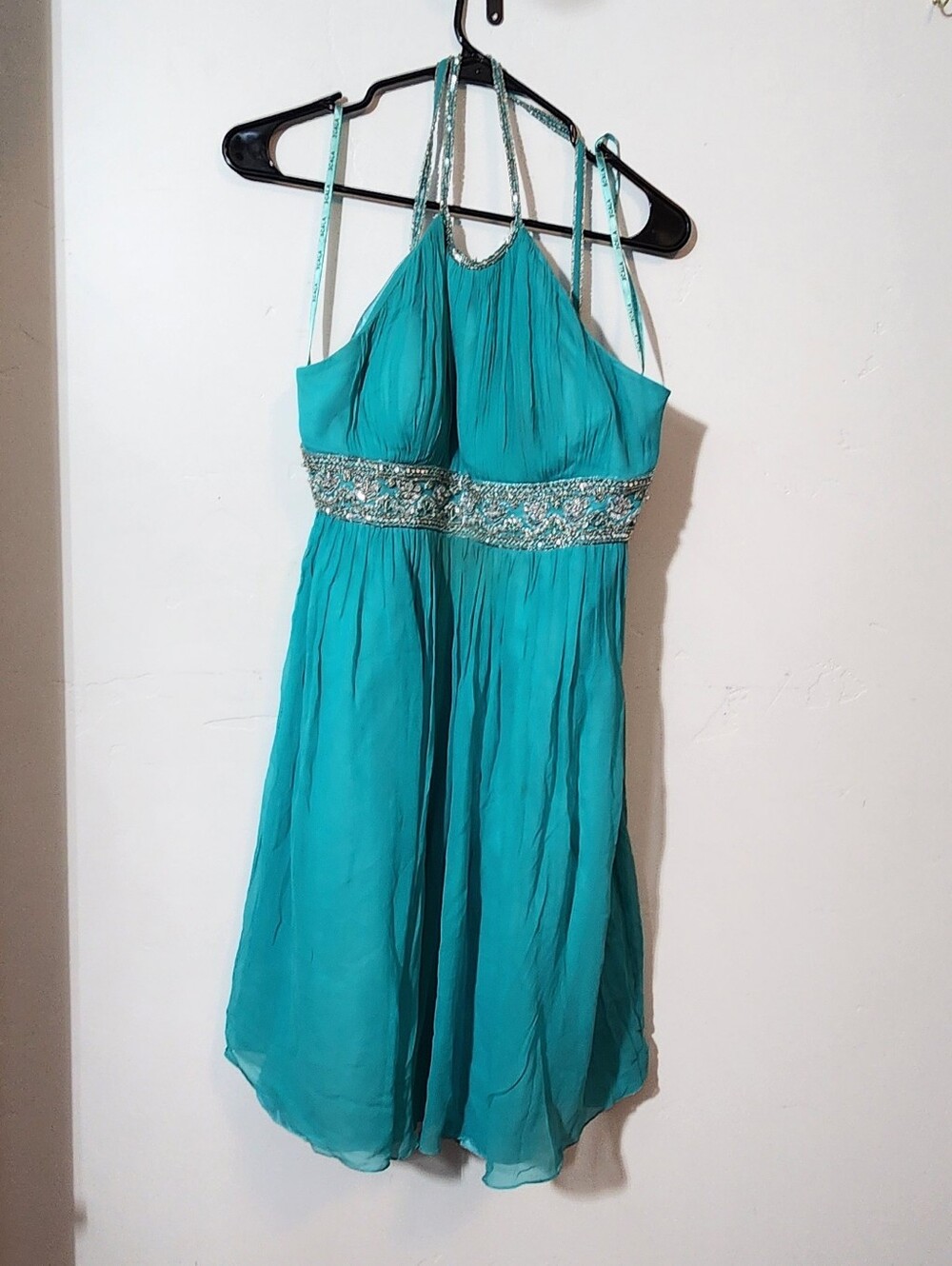 Scala Silk Teal Embellished Halter Mini Dress